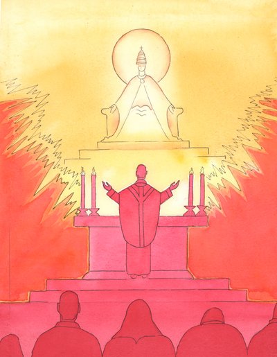 Quando o sacerdote e as pessoas se voltam na mesma direção na missa, todos olham juntos, para o Pai, para louvá-lo por meio de Cristo., 2004 (c - c no papel) de Elizabeth Wang
