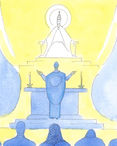 Quando o sacerdote e as pessoas se voltam na mesma direção na missa, todos olham juntos, para o Pai, para louvá-lo por meio de Cristo., 2004 (c - c no papel) de Elizabeth Wang