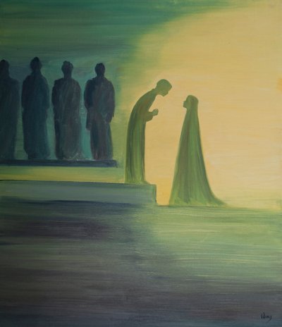 Quando o menino Jesus foi encontrado no Templo, inclinou-se para a frente, explicando calmamente a Sua Santa Mãe (com infinita bondade) que Seu trabalho já havia começado., 2001 (óleo a bordo) de Elizabeth Wang