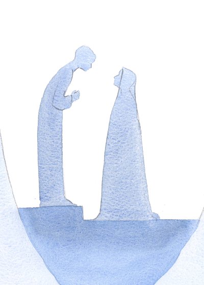 Quando o menino Jesus foi encontrado no Templo, inclinou-se para a frente, explicando calmamente a Sua Santa Mãe (com infinita bondade) que Seu trabalho já havia começado., 2001 (w - c no papel) de Elizabeth Wang