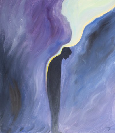 Quando pedimos a Nossa Senhora para rezar pelas almas do Purgatório, ela o faz, e a graça purificadora de Deus é derramada sobre elas como um bálsamo calmante, 2001 (óleo a bordo) de Elizabeth Wang