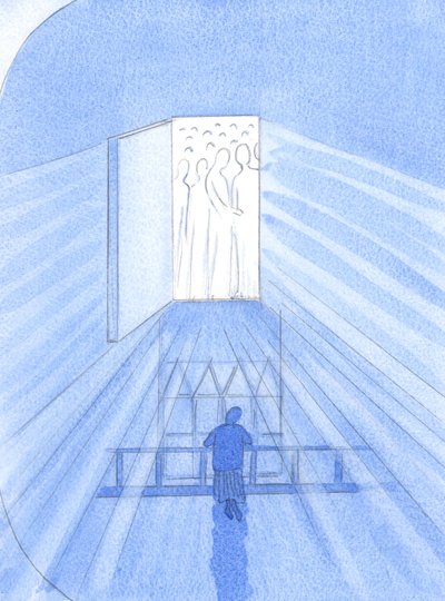 Quando honramos a Deus e Seus Santos, em um santuário consagrado pela Igreja ou relíquias ou martírio ou costume, os Santos &39;se acotovelam&39; pela alegria de nos ajudar, 2002 (c - c no papel) de Elizabeth Wang