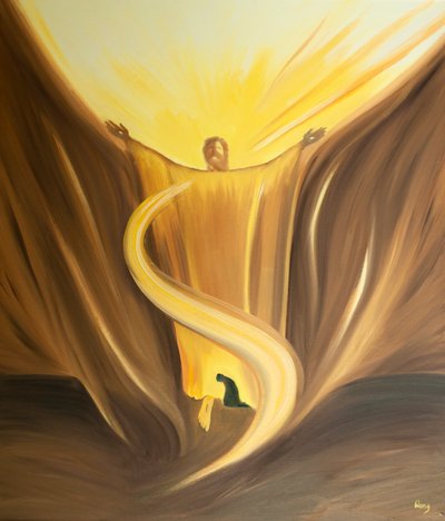 Quando encontramos Cristo no Santíssimo Sacramento, estamos confiantes de que Sua oração por nós chega ao Céu, 2000 (óleo a bordo) de Elizabeth Wang
