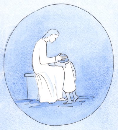 Quando nos arrependemos dos nossos pecados, Jesus Cristo olha para nós com ternura como quando uma mãe abraça o seu filho, 2001 (w - c no papel) de Elizabeth Wang