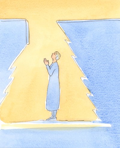 Quando nos arrependemos sinceramente de nossos pecados e fraquezas, é como se um alçapão se abrisse acima de nossa cabeça, conforme a luz do céu brilha, para nos trazer paz, luz e uma união mais próxima com Deus., 2004 (w - c no papel) de Elizabeth Wang