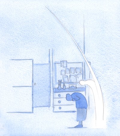 Sempre que me curvo diante da Santíssima Trindade, meu Santo Anjo faz o mesmo, assim como Ele ecoa cada sinal reverente da Cruz, 2002 (w - c no papel) de Elizabeth Wang
