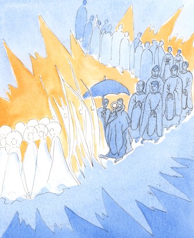 Sempre que honramos a Presença de Jesus no Santíssimo Sacramento, os anjos e santos se juntam a nós em nossa adoração, 2004 (w - c no papel) de Elizabeth Wang