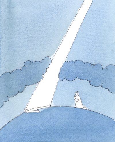 Sempre que intercedemos por alguém, em nome de Jesus, é como se um raio de luz e de graça do Céu atravessasse a "nuvem" escura do pecado e do amor-próprio que paira sobre o nosso mundo, para tocar a vida de alguém que precisa de ajuda, 2005 (aguarela sobre de Elizabeth Wang