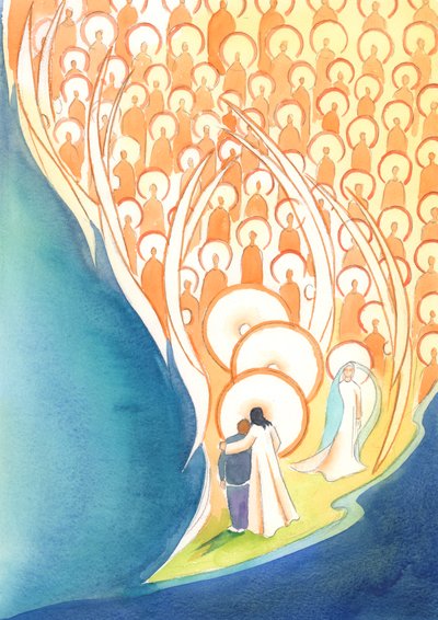 Sempre que oramos em nome de Jesus, mesmo na escuridão ou na solidão, compartilhamos da vida de toda a companhia do Céu, 2004 (w - c no papel) de Elizabeth Wang