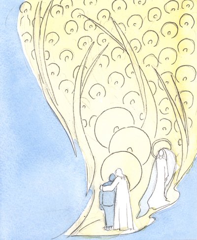 Sempre que oramos em nome de Jesus, mesmo na escuridão ou na solidão, compartilhamos da vida de toda a companhia do Céu, 2004 (w - c no papel) de Elizabeth Wang