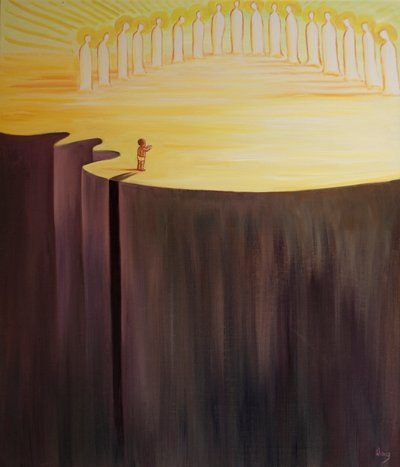 Sempre que realmente nos arrependemos, somos como uma nova criança emergindo de um abismo de escuridão para o Reino de Deus, 2001 (óleo a bordo) de Elizabeth Wang