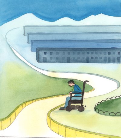 Quando as pessoas constroem cidades modernas e boas habitações, por vezes orgulham-se dos seus feitos, 2005 (aguarela sobre papel) de Elizabeth Wang