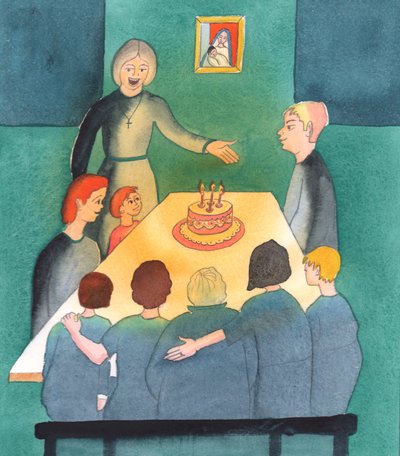 Onde as pessoas ouvem a Igreja, agradecem a Deus por seus filhos e colocam as necessidades da família acima de suas próprias ambições, um lar é como um oásis de luz, 2003 (w - c no papel) de Elizabeth Wang