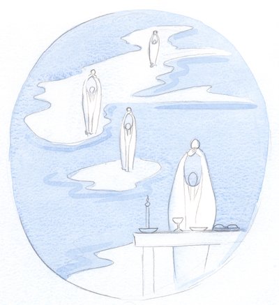 Sempre que um padre católico oferece o Santo Sacrifício da Missa, está Jesus Cristo, Presente com Seu Povo, 2000 (w - c no papel) de Elizabeth Wang