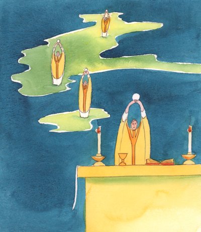 Sempre que um padre católico oferece o Santo Sacrifício da Missa, está Jesus Cristo, Presente com Seu Povo, 2000 (w - c no papel) de Elizabeth Wang