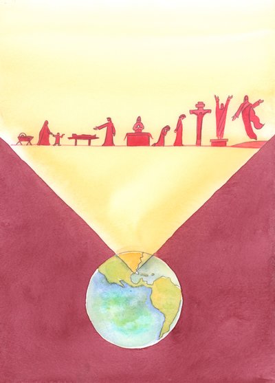 Onde quer que a missa seja celebrada, os presentes estão presentes a toda a obra redentora de Cristo, realizada durante a sua vida na terra e incluindo a sua morte na cruz, 2004 (w - c no papel) de Elizabeth Wang