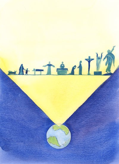 Onde quer que a missa seja celebrada, os presentes estão presentes a toda a obra redentora de Cristo, realizada durante a sua vida na terra e incluindo a sua morte na cruz, 2004 (w - c no papel) de Elizabeth Wang