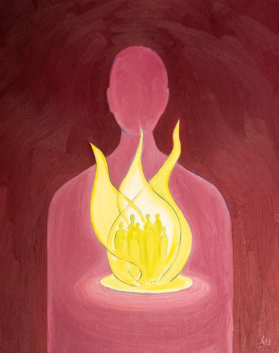Com o amor de Deus, podemos ajudar e orar por aqueles que carregamos em nossos corações, 2000 (óleo a bordo) de Elizabeth Wang
