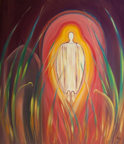 Com os anjos adoramos a Cristo no Santíssimo Sacramento enquanto nos espera e reza por nós, 2000 (óleo a bordo) de Elizabeth Wang