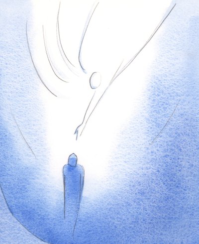 Dentro do manto de Nossa Senhora, a alma alegre é alimentada por Cristo, iluminada pelo Seu Espírito e instada a olhar para cima em direção ao Pai, 2002 (w - c no papel) de Elizabeth Wang