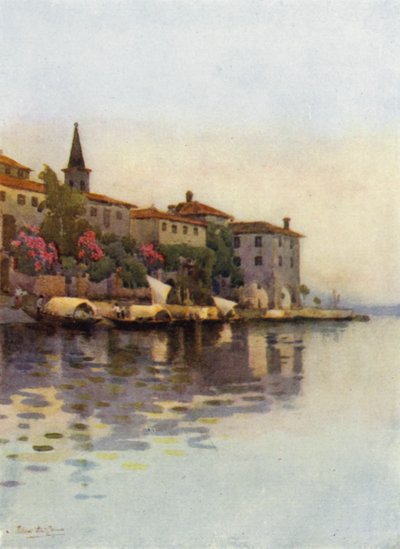 Uma Manhã Cinzenta, Lago Maggiore (cor litho) de Ella Du Cane