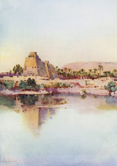 O Pylon de Hatshepset em Karnak, a partir do Lago Sagrado (cor litho) de Ella Du Cane