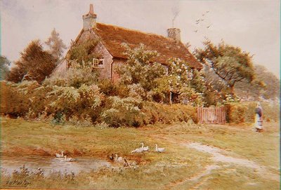 Uma mulher e patos perto de uma casa no verão de Elliot Henry Marten