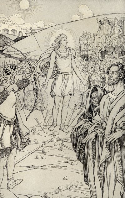Cada seta superou sua cabeça, ilustração de &39;Mitos de muitas terras&39;, publicado em 1912 de Elmer Boyd Smith