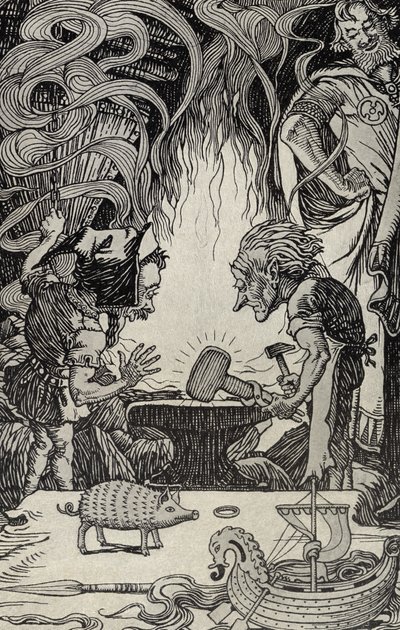 O Terceiro Dom, um Martelo Enorme, ilustração de Myths from Many Lands, publicado em 1912 de Elmer Boyd Smith