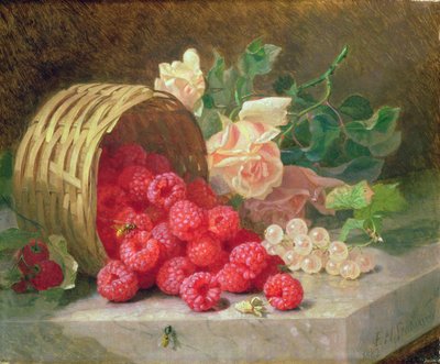 Cesta Revirada com Framboesas e Groselhas Brancas de Eloise Harriet Stannard