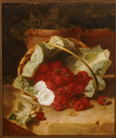 Framboesas em um cesto de folhas de repolho forrado com convulvulus branco em uma borda de pedra, 1880 de Eloise Harriet Stannard