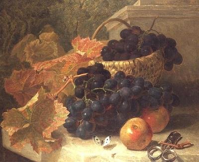 Natureza Morta com Uvas e Tesouras numa Prateleira de Pedra de Eloise Harriet Stannard