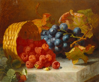 Natureza morta com framboesas e um cacho de uvas em uma borda de mármore, 1882 de Eloise Harriet Stannard
