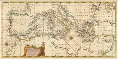 Mapa de 1748 - Uma carta exacta dos mares Mediterrâneo e Adriático; com o Arquipélago e parte do Mar Negro de Emanuel Bowen