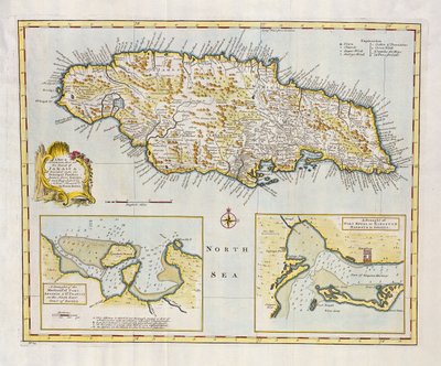 Mapa da Ilha da Jamaica, dividido em suas principais freguesias c.1760 (gravura colorida à mão) de Emanuel Bowen