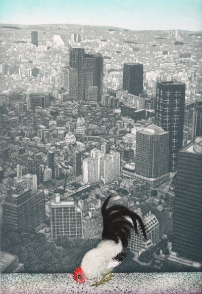 O galo de Jakucyu, 2009 (gravura) de Emiko Aida