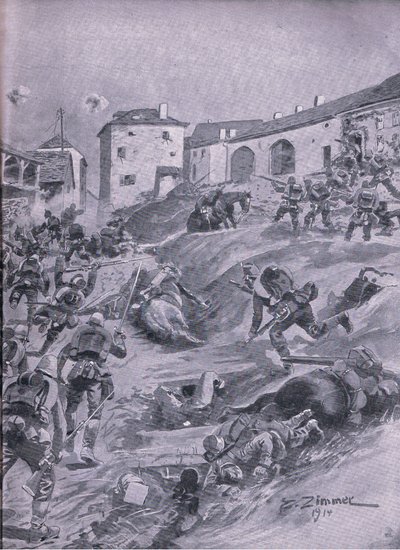 O Batalhão de Caçadores Aschaffenberg 2º Batalhão Bávaro em Lagarde Agosto de 1914, de The Illustrated History of the World War 1914-1915 pub. pela Union Berlagsefellfchaft de Emil (after) Limmer