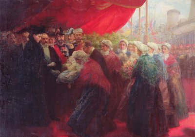 O Bazennes oferecendo um peixe de prata a Alix de Hesse-Darmstadt, Imperatriz da Rússia, em Dunquerque em 1901 de Emil Benediktoff Hirschfeld