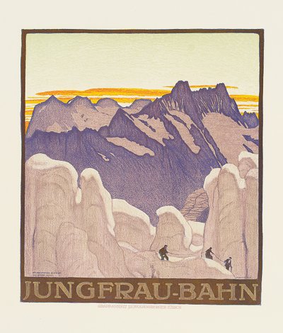 Jungfrau-Bahn, pôster anunciando a ferrovia da montanha Jungfrau (cor lito) de Emil Cardinaux
