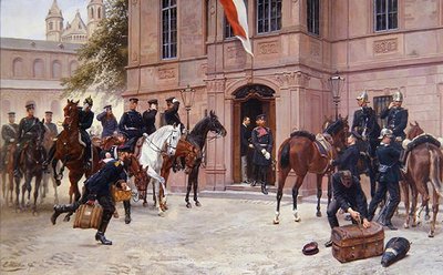Príncipe herdeiro Ludwig IV de Hesse-Darmstadt despedindo-se de Cornelius Heyl, antes de Schlosschen, Worms, ao partir para a Batalha de Sedan em 1870 (óleo sobre tela) de Emil Huenten