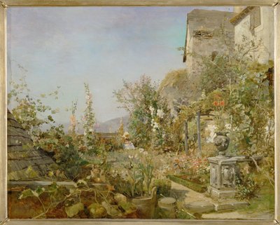 Blumengarten in Weissenkirchen - Jardim com flores em Weissenkirchen ... (óleo sobre madeira) de Emil Jakob Schindler