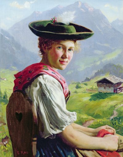 Menina, com, um, chapéu, em, paisagem montanha de Emil Karl Rau
