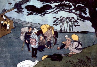 Viajantes quebram em uma estrada de montanha no Japão de Emil Orlik