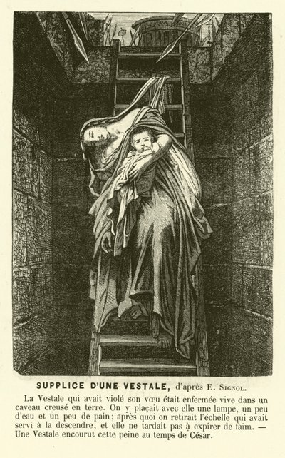 Execução de uma Virgem Vestal por quebrar o seu voto de castidade, Roma antiga (gravura) de Emile (after) Signol