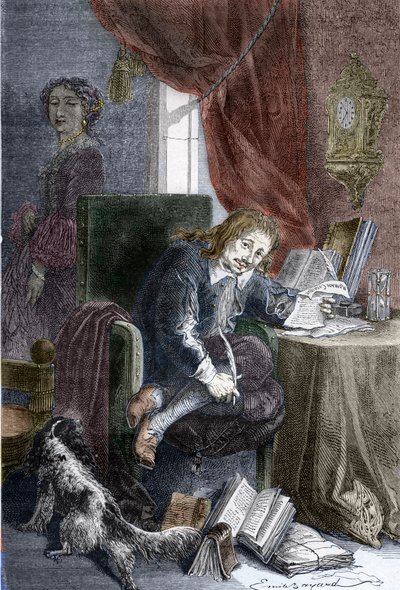 Retrato do escritor francês Paul Scarron (1610-1660) autor de comédias burlescas, está representado numa cadeira inválida, a sua esposa Françoise d