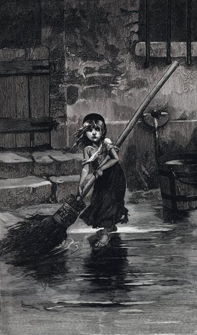 Cena de Les Miserables, de Victor Hugo: Cosette sweeping (gravação) de Emile Antoine (after) Bayard