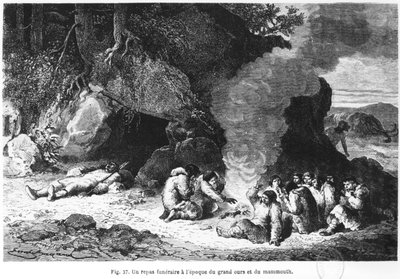 Uma refeição fúnebre no momento do urso e do mamute, ilustração de &39;L&39;Homme Primitif&39; de Louis Figuier (1819-94) publicou Hachette, 1870 de Emile Antoine Bayard