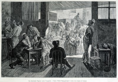 Um grupo de mulheres em frente a um bar, proibido às mulheres, cantando hinos aos bêbados contra o alcoolismo de Emile Antoine Bayard