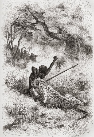 Um leopardo atacando um africano, ilustração de "O mundo nas mãos", gravado por Henri Theophile Hildibrand (1824-97), publicado em 1878 de Emile Antoine Bayard