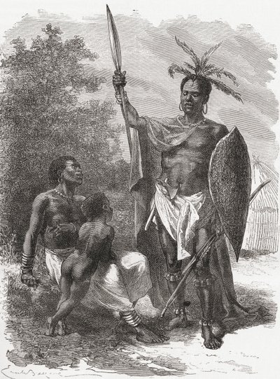 Um nativo de Ougogo, na África Central, em traje de guerra, ilustração de "O mundo nas mãos", publicado em 1878 de Emile Antoine Bayard